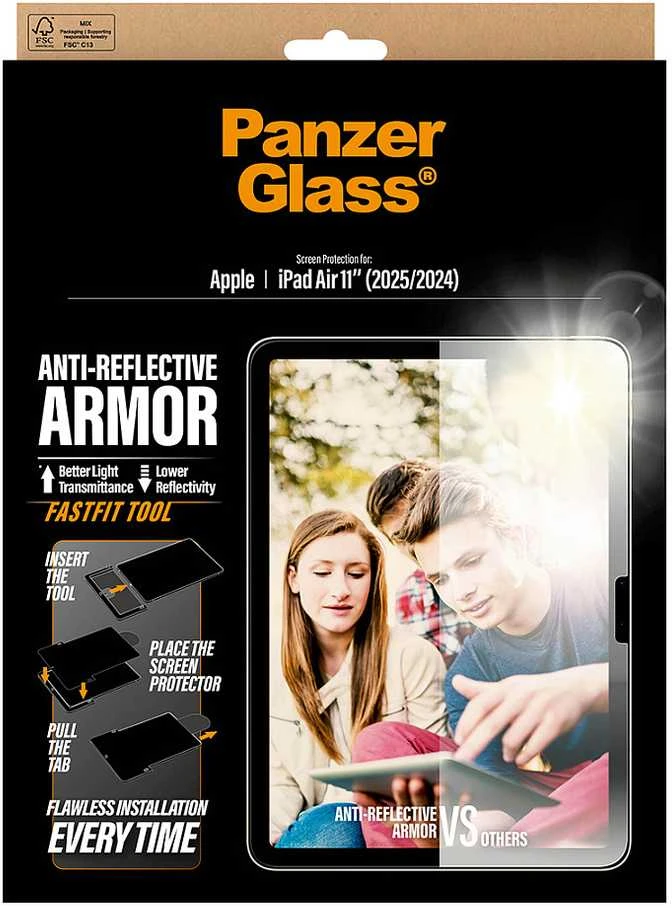 Panzer Glass „PanzerGlass“ itin plataus skersmens grūdinto stiklo apsauginis stiklas „iPad Air 11" 2025“ (7-osios kartos) / „iPad Air 11" 2024“ (6-osios kartos) planšetiniam kompiuteriui