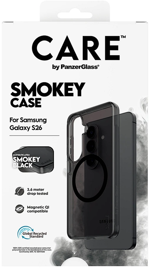 Panzer Glass „CARE by PanzerGlass Urban Explorer Smokey“ dėklas su juodu Qi ryšiu, skirtas „Samsung Galaxy S26“ – juodas