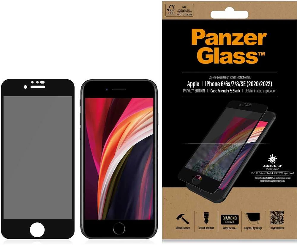 Panzer Glass PanzerGlass | Apple | iPhone 6/6s/7/8/SE (2020) | Hibridinis stiklas | Juodas | Anti-glare danga; Mėlyna šviesos mažinimas | Privatumo filtras