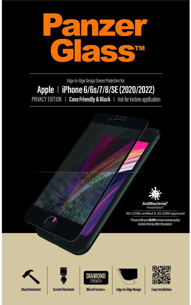 Panzer Glass PanzerGlass | Apple | iPhone 6/6s/7/8/SE (2020) | Hibridinis stiklas | Juodas | Anti-glare danga; Mėlyna šviesos mažinimas | Privatumo filtras