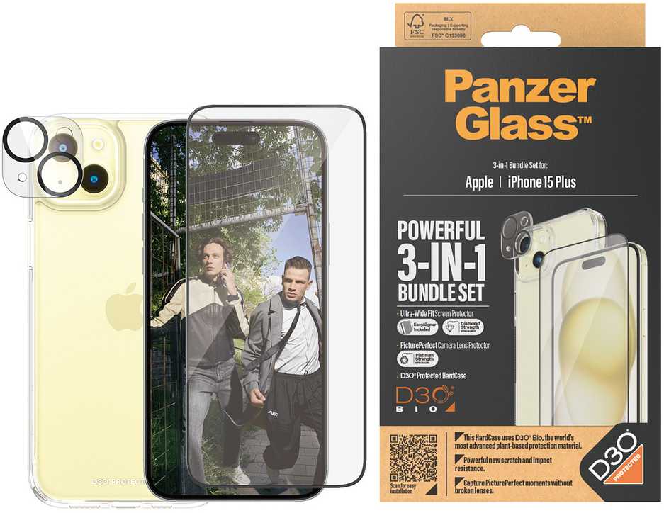 Panzer Glass PanzerGlass Bundle 3in1 set dėklas telefonui skaidrus + plėvelė + kameros apsauga Apple iPhone 15 Plus