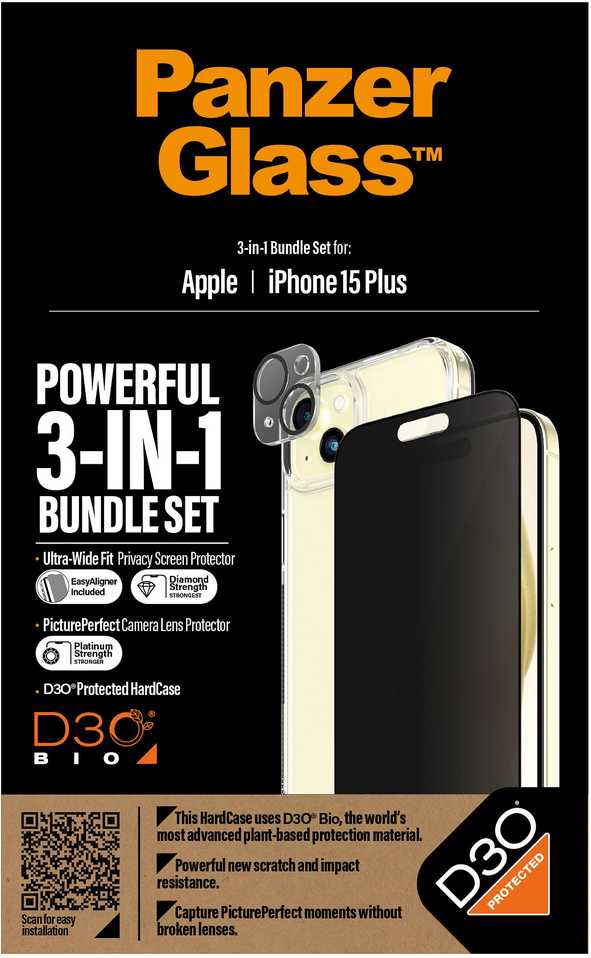 Panzer Glass PanzerGlass Bundle 3in1 set dėklas telefonui skaidrus + plėvelė + kameros apsauga Apple iPhone 15 Plus
