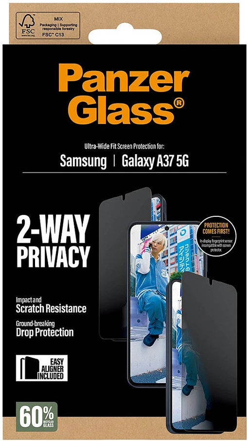 „Panzer Glass“ itin plataus profilio „PanzerGlass“ privatumo stiklas, skirtas „Samsung Galaxy A37 5G“.