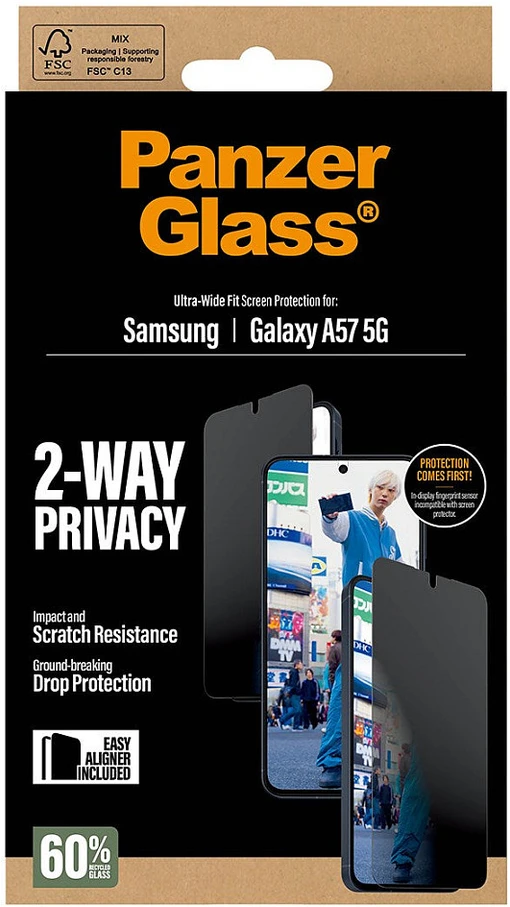 „Panzer Glass“ itin plataus profilio „PanzerGlass“ privatumo stiklas, skirtas „Samsung Galaxy A57 5G“.