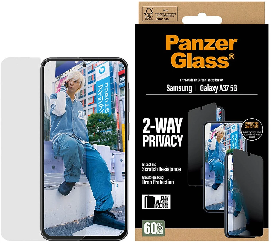 „Panzer Glass“ itin plataus profilio „PanzerGlass“ privatumo stiklas, skirtas „Samsung Galaxy A37 5G“.
