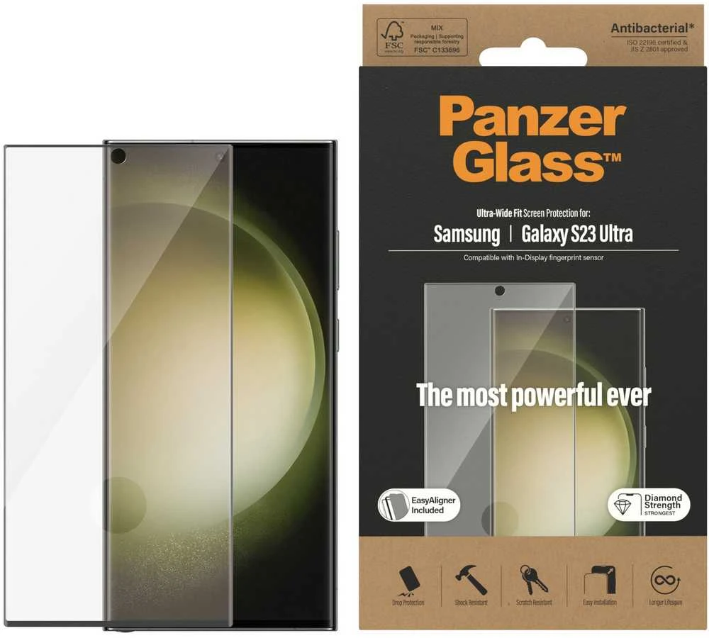 Panzer Glass PREMIUM TEMPERATO stiklo ekrano apsauga, pilnas dangtelis, skirtas Samsung Galaxy S23, UWF Curved Edges AB (Naujas)