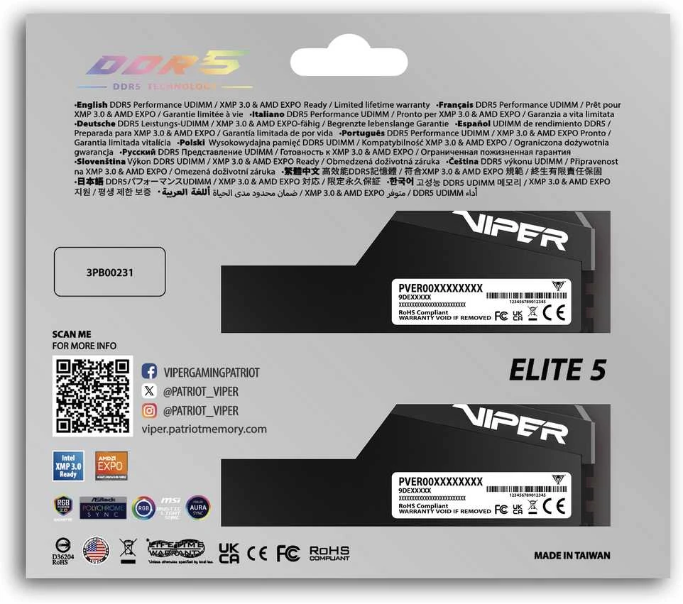 Patriot Viper Gaming RGB Elite 5 Ultra DDR5-6000 RAM, CL 28, AMD EXPO, Intel XMP 3.0 – 2x 16GB, juodas