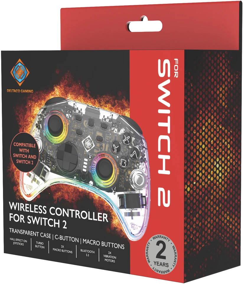 Žaidimų valdiklis DELTACO GAMING belaidis skaidrus „Switch 2“ su C mygtuku, RGB, makro mygtukais GAM-198-T / 4222477