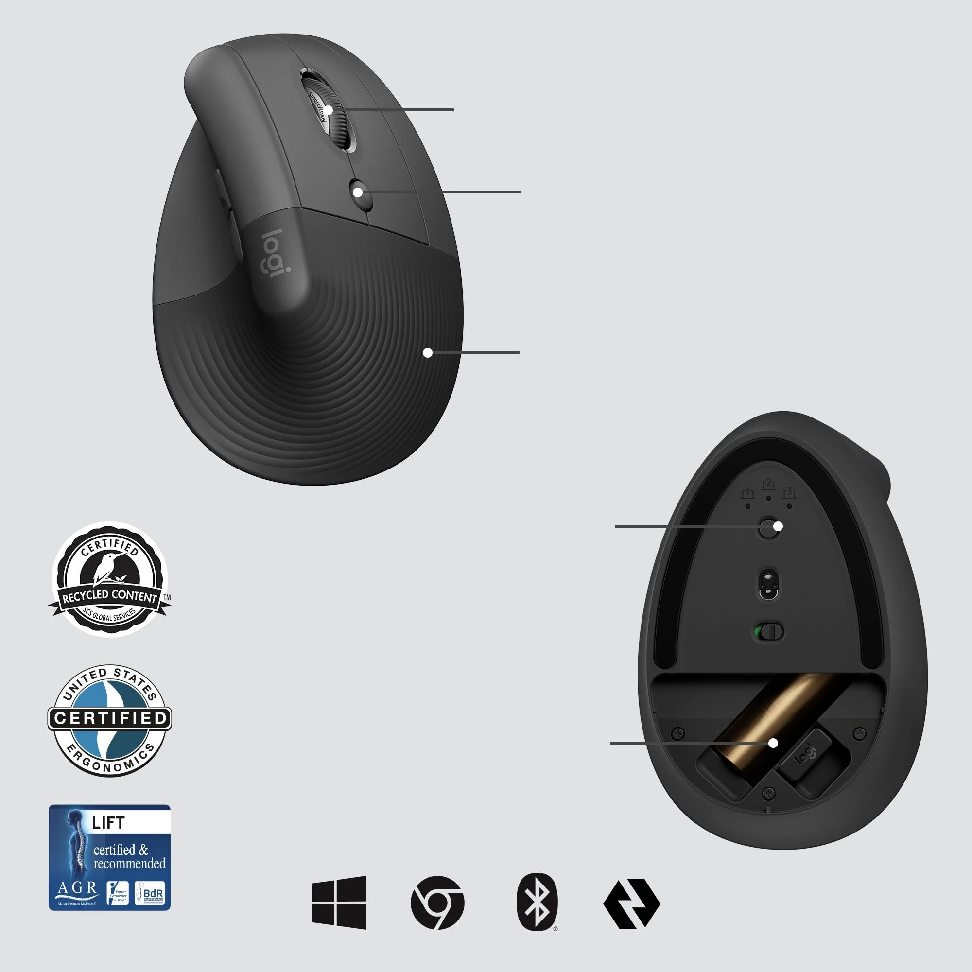 Belaidė pelė Logitech Lift, Grafito spalvos