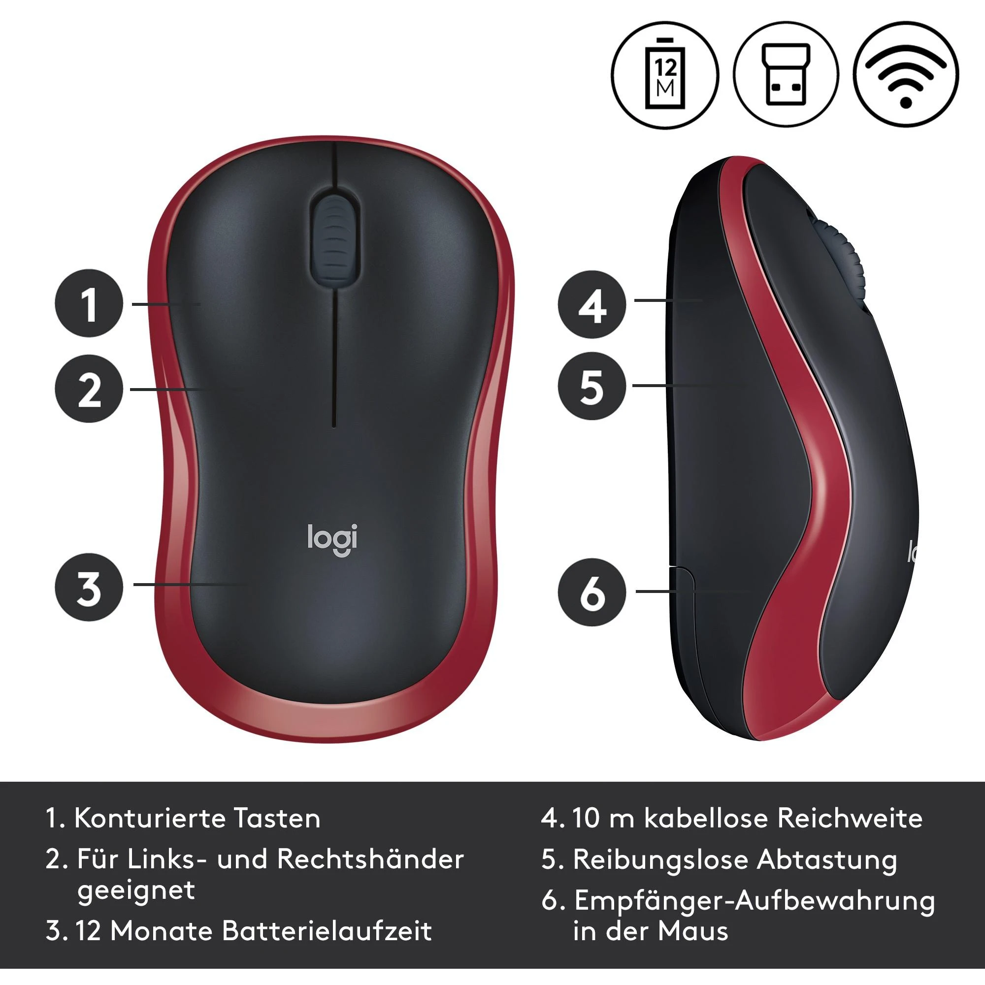 Bevielė pelė Logitech M185. Raudona