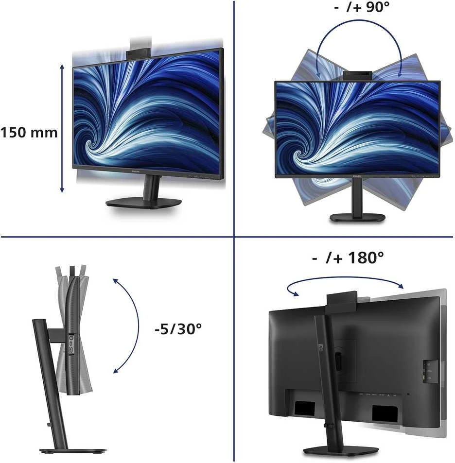 Monitorius „Mmd Monitors“ ekranai, „PHILIPS“, 27 colių, 2560 x 1440, 120 Hz, IPS, plokščias, H/A, 150 mm, USB-C, prijungimo stotelė, 90 W, grandinėlės jungimas su „27B2N3500J Smart Link Sync“.