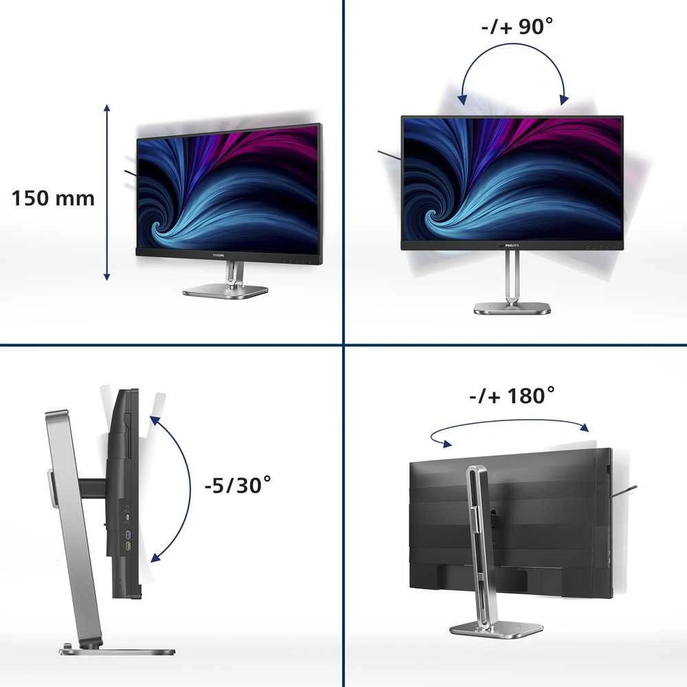Monitorius „Mmd Monitors“ ekranai „PHILIPS 27B2U4601/00“, 27 colių, IPS, QHD, 120 Hz, 350 cd/m2, 4 ms, HDMI 2.0, DP, USB-C, 3.2, šakotuvas, USB „Pivot“ garsiakalbiai