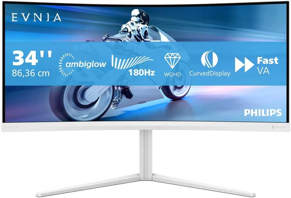 Monitorius „Mmd“ monitoriai, „PHILIPS“ 34 colių, 3440x1440, VA, 130 mm, „EVNIA 5000 Ambiglow Curved“, WQHD, 180 Hz, greitas VA, 1 ms, GtG HDR10, USB, 4x USB 3.2