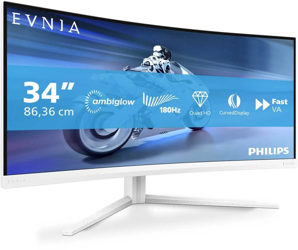 Monitorius „Mmd“ monitoriai, „PHILIPS“ 34 colių, 3440x1440, VA, 130 mm, „EVNIA 5000 Ambiglow Curved“, WQHD, 180 Hz, greitas VA, 1 ms, GtG HDR10, USB, 4x USB 3.2