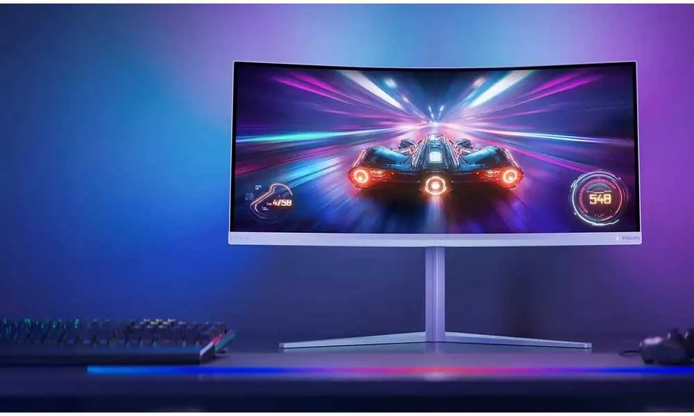 Monitorius „Mmd“ monitoriai, „PHILIPS“ 34 colių, 3440x1440, VA, 130 mm, „EVNIA 5000 Ambiglow Curved“, WQHD, 180 Hz, greitas VA, 1 ms, GtG HDR10, USB, 4x USB 3.2