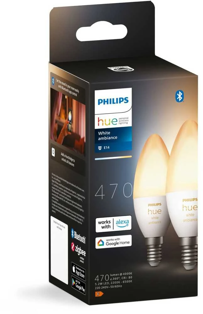 „Philips Hue“ E14 4W WA BT žvakės, 2 vnt. pakuotėje