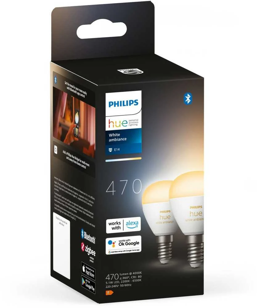 „Philips Hue Baltas Ambiance“ sferos dviguba pakuotė, E14, 470 lm