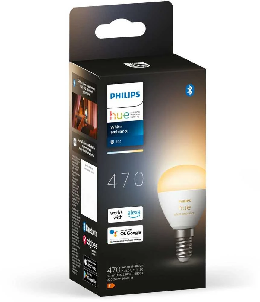 „Signify Philips Hue Baltas Amb. E14“ lašelinė lemputė, 470 lm, viena pakuotė