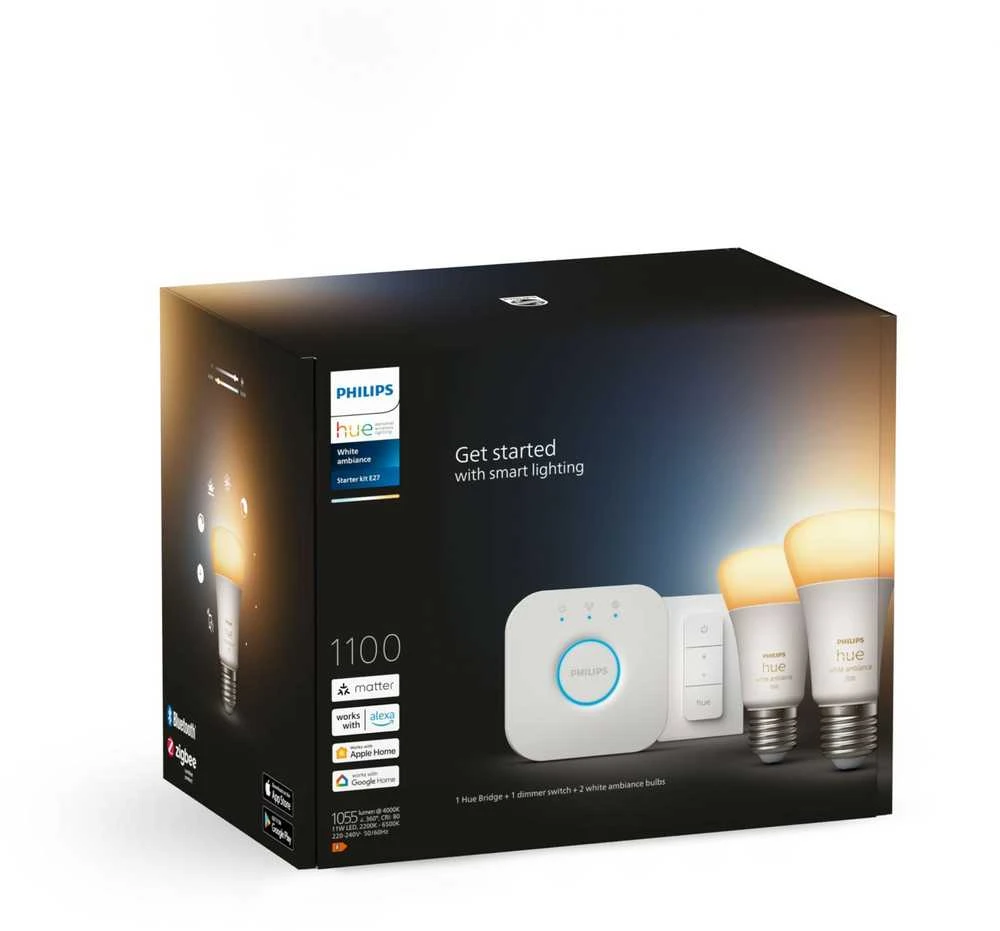 Philips Hue "White ambiance” pradžios rinkinys: 2 E27 išmaniosios lemputės (1100) + šviesos reguliatoriaus jungiklis
