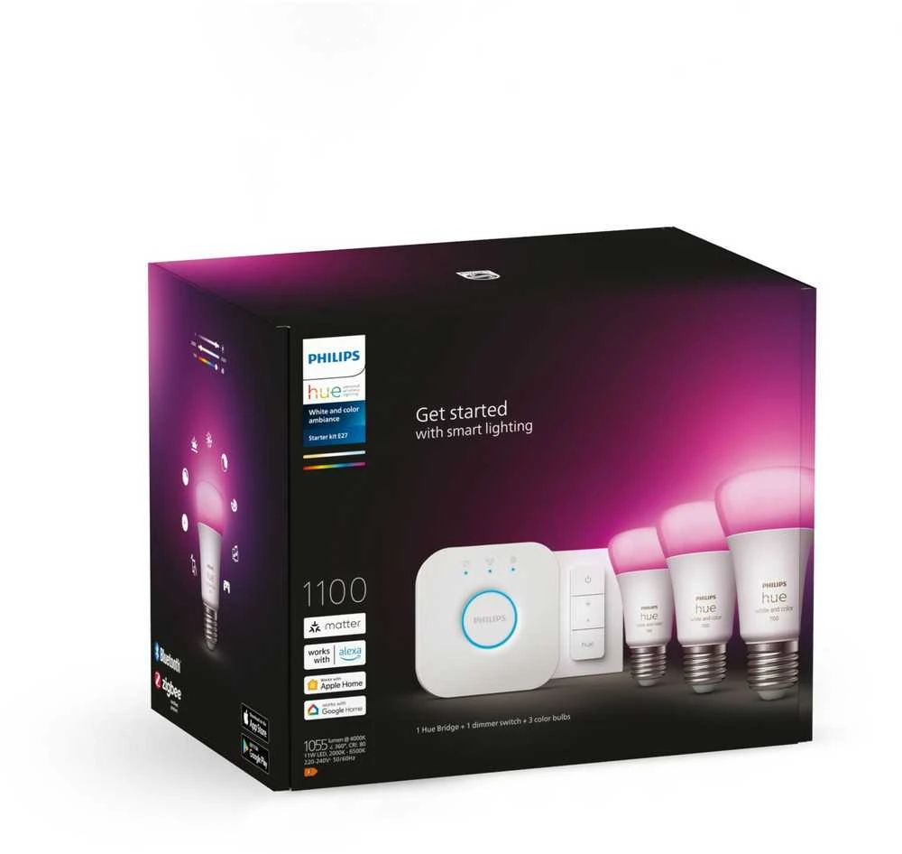 Philips Hue apšvietimo rinkinys: 3x E27 9W RGBW + jungiklis