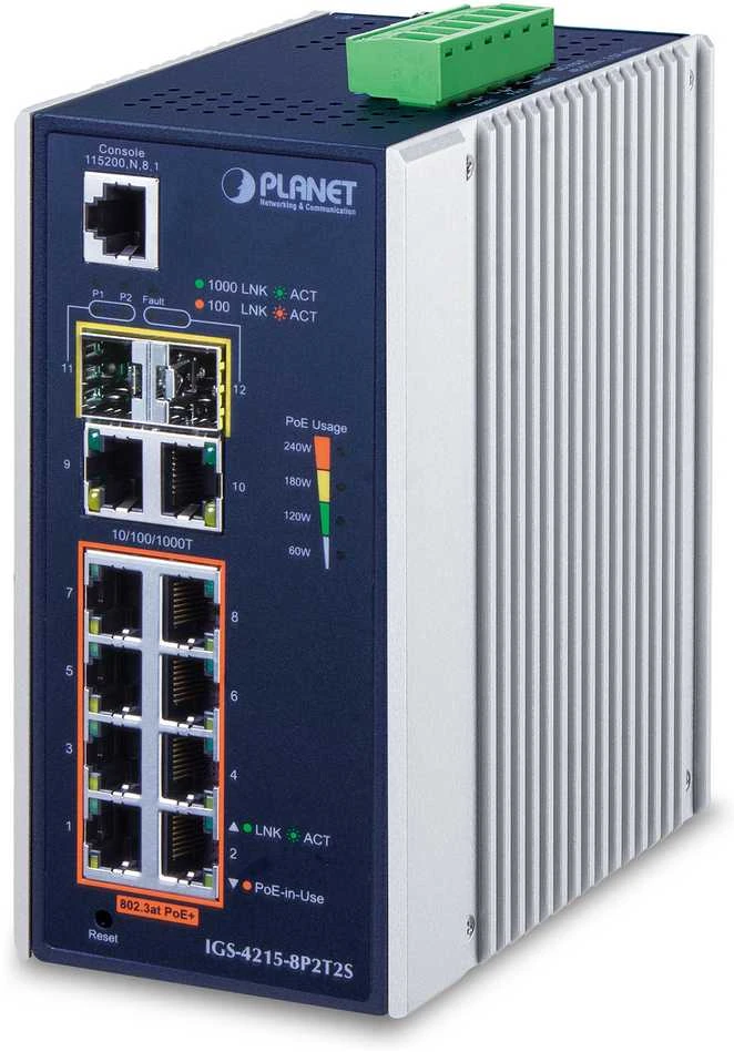 Šakotuvas PLANET IGS-4215-8P2T2S tinklo komutatorius Valdomas L2/L4 gigabito Ethernet (10/100/1000) Maitinimas per Ethernet (PoE) Mėlyna, Sidabrinis