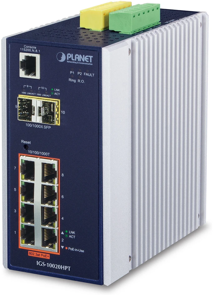 Planet IP30 L2/L4 SNMP valdomas 8 prievadų Gigabit POE+(AT) jungiklis + 2 prievadų Gigabit SFP pramoninis jungiklis (nuo -40 iki 75 C)