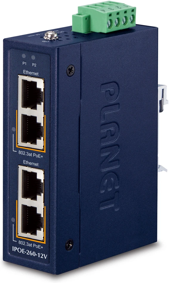 Šakotuvas PLANET Industrial 2-port 10/100/1000T Gigabit Ethernet (10/100/1000) Maitinimas per Eternetą (PoE) Mėlyna