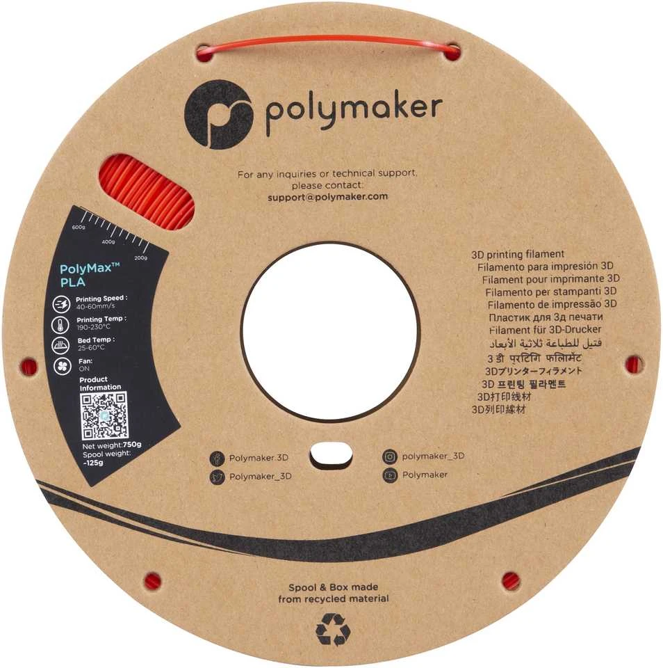 Polmask Polymaker PolyMax Tough PLA - 0.75kg - 1.75mm - Raudonas