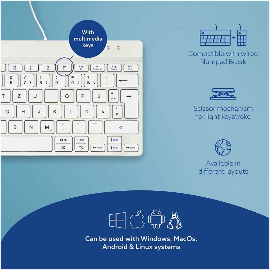 R Go Tools R-GO COMPACT BREAK ERGONOMIC - Klaviatūra QWERTZ (DE) su laidu Baltas