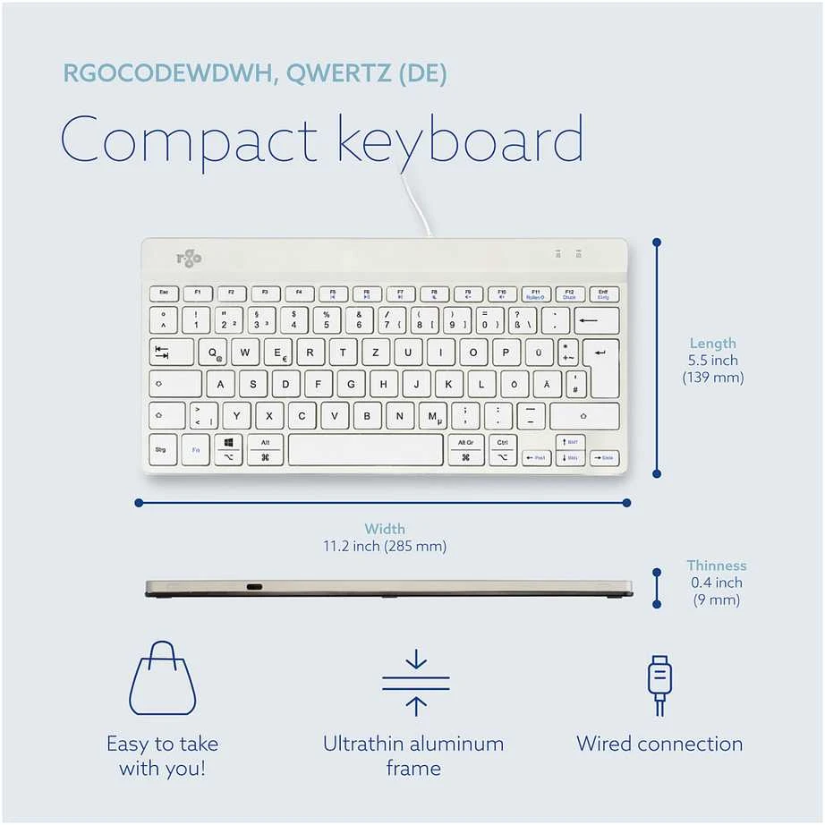 R Go Tools R-GO COMPACT BREAK ERGONOMIC - Klaviatūra QWERTZ (DE) su laidu Baltas