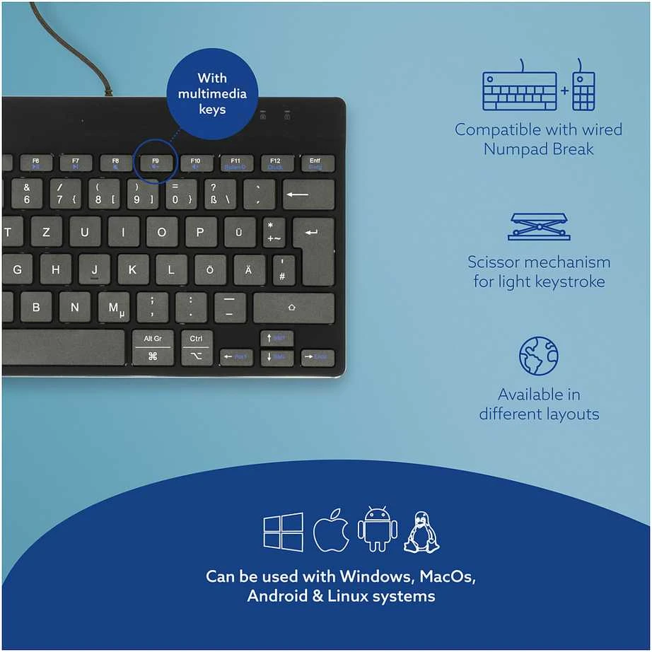 R Go Tools COMPACT BREAK Klaviatūra QWERTZ - DE Juodas su laidu