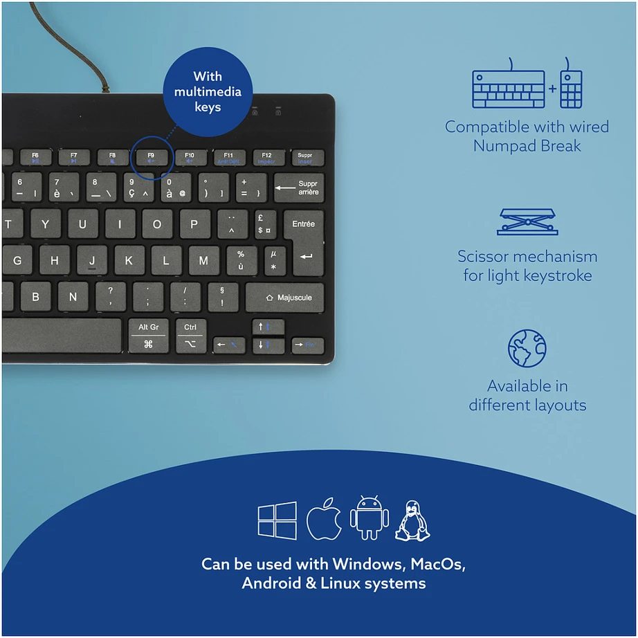 R Go Tools COMPACT BREAK Klaviatūra AZERTY - FR Juodas su laidu