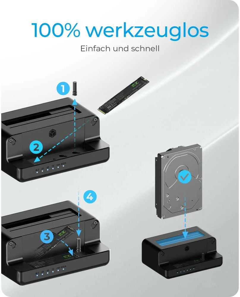 Icy Box Raidsonic | Ledinė dėžė | IB-2914MSCL-C31 M.2 NVMe SSD ir 2,5 colio / 3,5 colio SATA SSD / HDD prijungimo ir klonavimo stotis