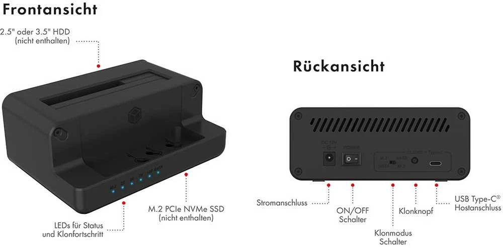 Icy Box Raidsonic | Ledinė dėžė | IB-2914MSCL-C31 M.2 NVMe SSD ir 2,5 colio / 3,5 colio SATA SSD / HDD prijungimo ir klonavimo stotis