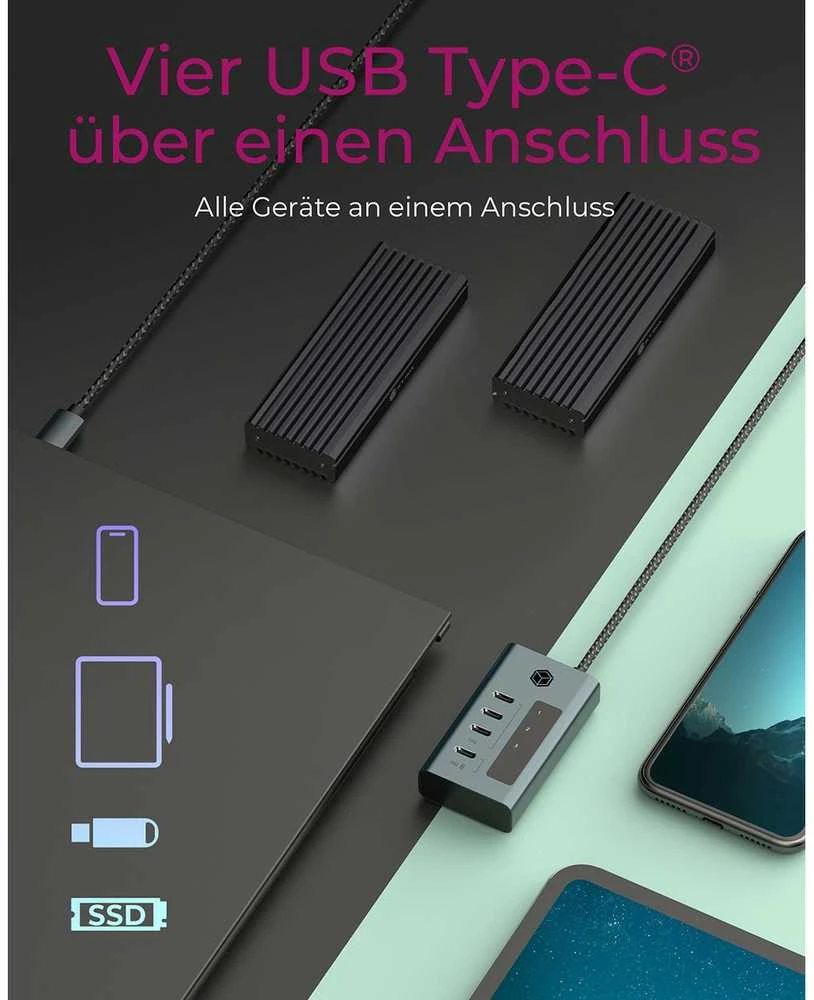 Icy Box USB-C šakotuvas su prijungtais įrenginiais
