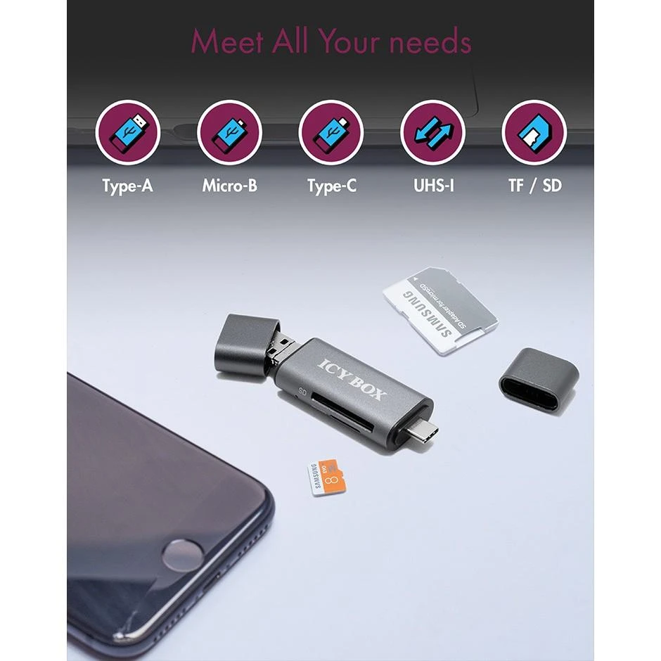 „Icy Box Raidsonic“ | Išorinis kortelių skaitytuvas su kelių USB jungčių jungtimi | Išorinis | „Micro SDHC“, „Micro SDXC“, „Micro SD 3.0 UHS-I SD, SDHC, SDXC, SD 2.0 UHS-I, MMC | išorinis