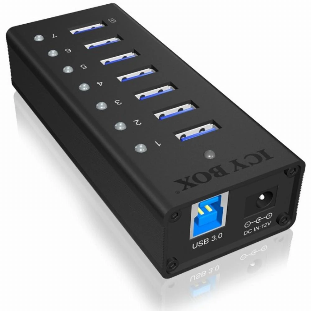 RaidSonic ICYBOX IB-AC618 Icy Box 7 x Port USB 3.0 Hub su USB įkrovimo prievadu, Juodas
