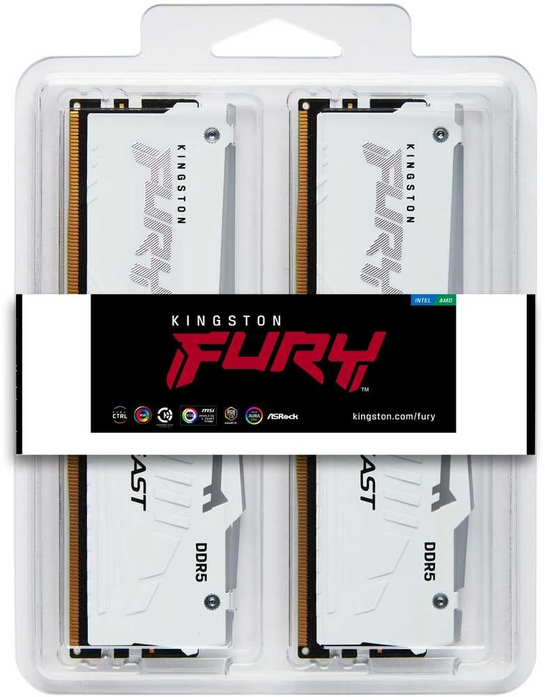 RAM „Kingston KF552C40BWAK2-32“ 32 GB 5200 MT/s DDR5 CL40 DIMM atmintis (2 vnt. rinkinys) „FURY Beast Baltas RGB XMP“ | „Kingston“