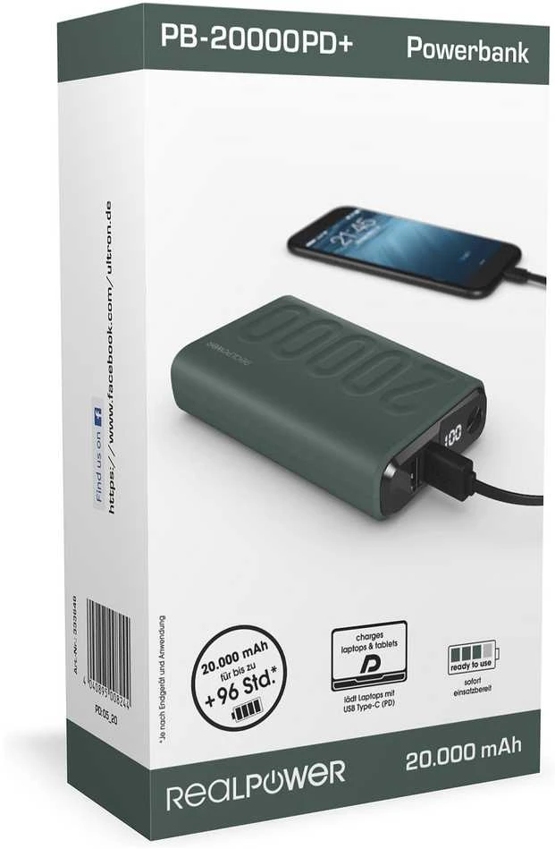 Carruzzo RealPower 333646 nešiojamasis įkroviklis 20000 mAh Žalia