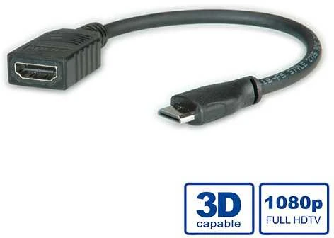 Secomp ROLINE HDMI didelės spartos kabelis su Ethernet, HDMI A tipo F - HDMI C tipo M 0,15 m, 0,15 m, HDMI A tipo (standartinis), HDMI C tipo (mini), 1920 x 1080 pikselių, juodas