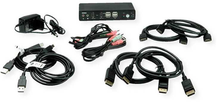 Przełącznik Roline ROLINE Dwugłowicowy przełącznik KVM HDMI 4K@60Hz, 2 komputery, DP/HDMI, audio, su 2-portowym koncentratorem USB 2.0