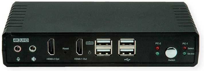 Przełącznik Roline ROLINE Dwugłowicowy przełącznik KVM HDMI 4K@60Hz, 2 komputery, DP/HDMI, audio, su 2-portowym koncentratorem USB 2.0