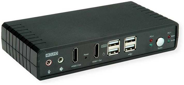 Przełącznik Roline ROLINE Dwugłowicowy przełącznik KVM HDMI 4K@60Hz, 2 komputery, DP/HDMI, audio, su 2-portowym koncentratorem USB 2.0