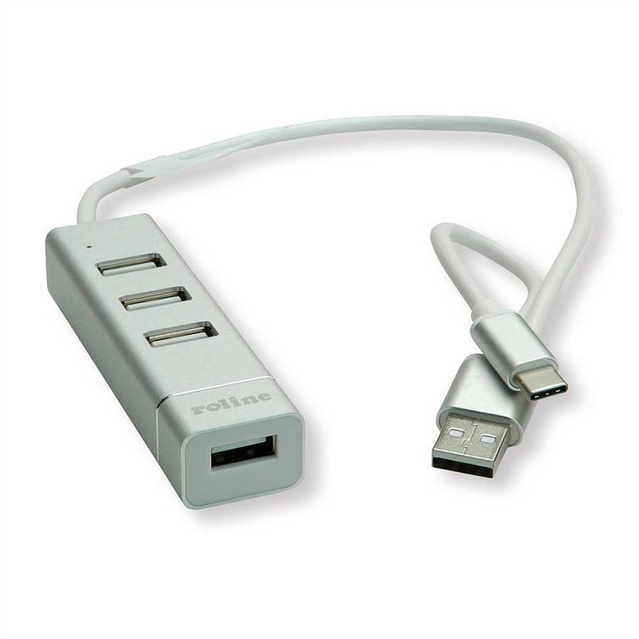 Roline USB HUB USB 2.0 šakotuvas skirtas ROLINE nešiojamiesiems kompiuteriams, 4 prievadai, A+C tipo jungties laidas