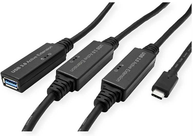 Kabelis USB Roline USB-A - USB-C 20 m Juodas