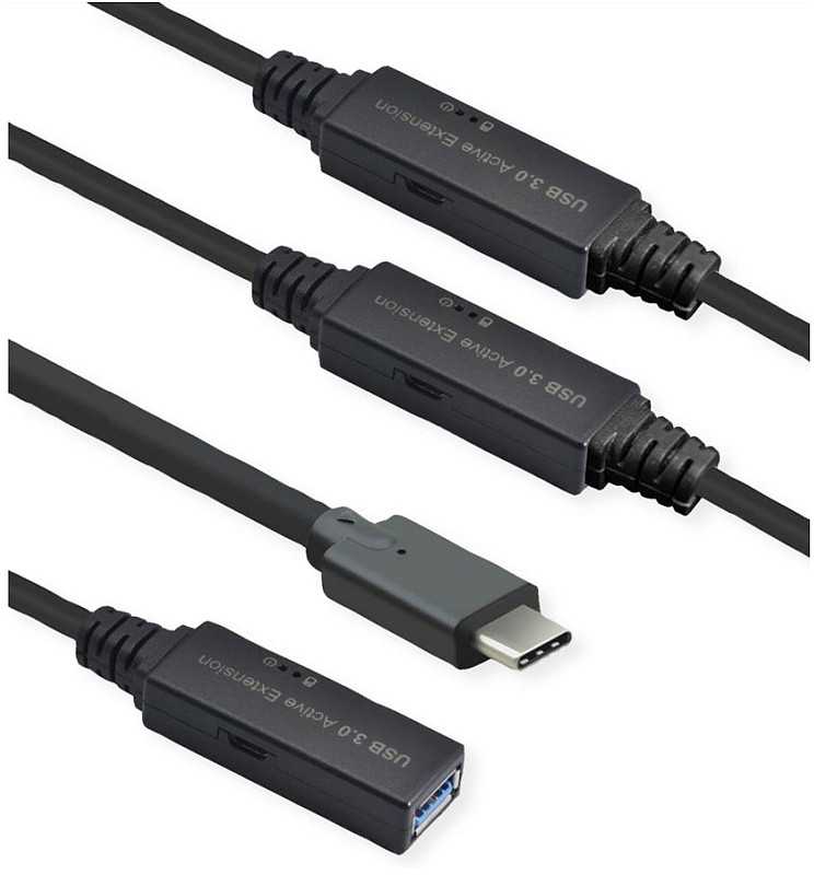 Kabelis USB Roline USB-A - USB-C 20 m Juodas