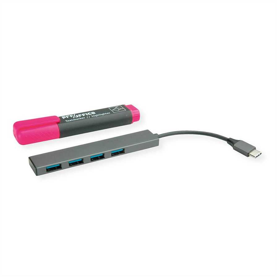 HUB USB Roline ROLINE USB3.2 Gen1 Ultraslim Hub 4x USB A, kabelio tipas C