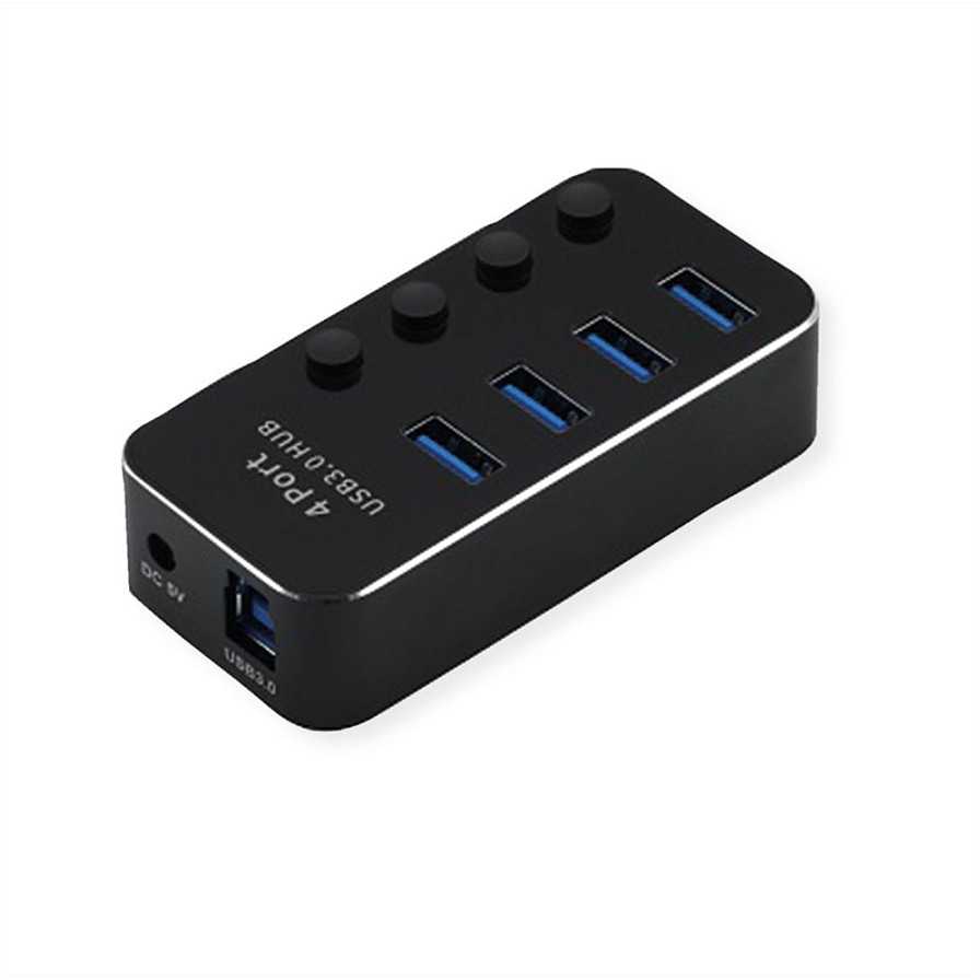 Roline USB HUB USB 3.2 Gen 1 šakotuvas, skirtas ROLINE nešiojamiesiems kompiuteriams, 4 prievadai, atskirai perjungiamas, juodas