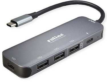 HUB USB Roline Hub USB 3.2 Gen 2, 4-kierunkowy, kabelis połączeniowy typu C