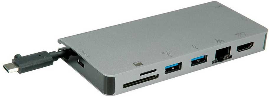 HUB USB Roline Doko stotelė USB typu C, HDMI 4K, VGA, 2x USB 3.2 Gen 1, LAN, PD, czytnik kart